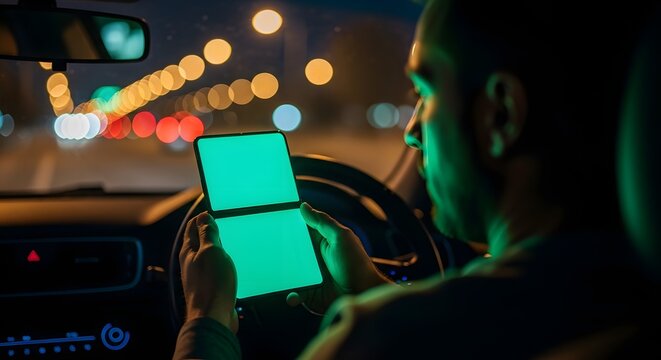 Man Driving Car at Night Using a Foldable Phone with Green Screen.