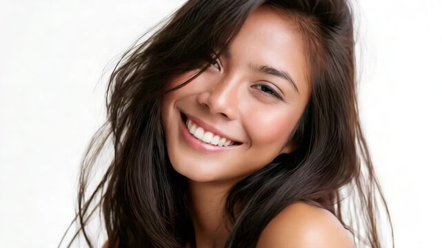 Woman smiling face portrait white background