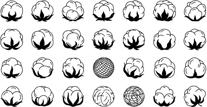 Black and White Line Art Cotton Bolls Icons, Natural Fiber Plant Icons