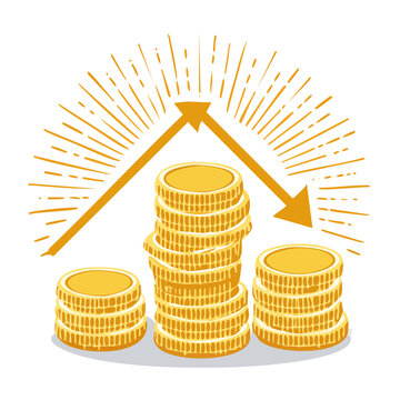 Gold coin stack graph with upward and downward arrow