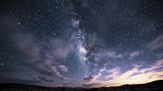 Time Lapse of Milky Way Galaxy and Fast Moving Clouds Over Desert Landscape at Night, Starry Sky and Horizon Silhouette, 4K