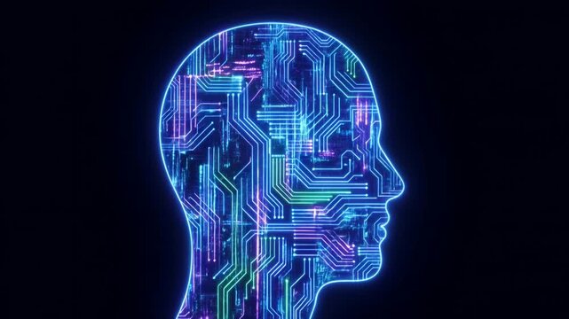 Human head silhouette filled with glowing neon circuitry and interconnected data lines, advanced artificial intelligence, machine learning and digital processing concept, 4K video