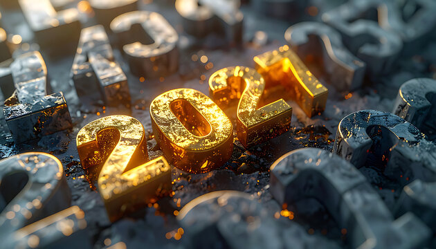 Golden 2021 numbers glowing with light particles and bokeh effect, representing new year celebration, time passing, and financial growth