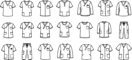 Fototapeta premium Black and White Line Art of Medical Scrubs and Uniforms for Healthcare Professionals