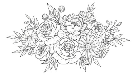 Fototapeta premium Elegant Botanical Floral Bouquet Line Art Illustration. Detailed Black and White Outline Drawing with Roses, Peonies, and Daisies.