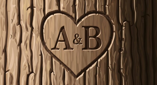 Monochrome carving of initials A and B inside a heart shape on a wooden tree bark texture