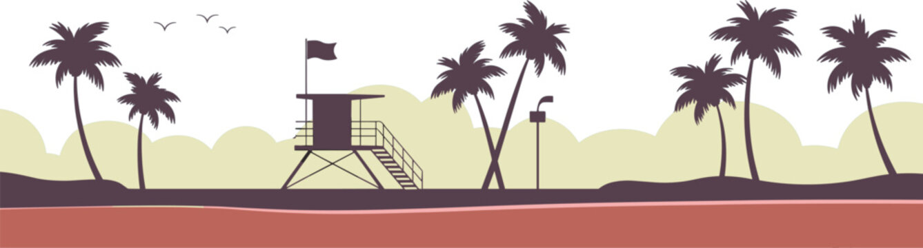 Tropical beach scene with palm trees and lifeguard tower during sunset in flat design style