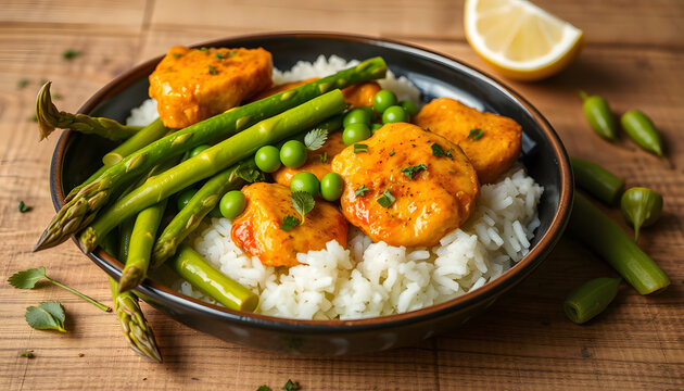 Thai Curried TVP Pieces with Asparagus and Peas, Dynamic motion. White tone
