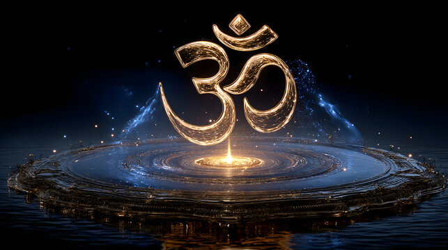 Yoga OM Cosmic Symbol Poster, Golden Sound Wave Vibration, Human Prayer Energy Connection, Indian Religious Cosmic Material
