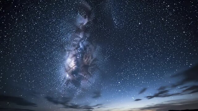 Time Lapse of Milky Way Galaxy and Stars Moving Across Night Sky with Clouds, Deep Space Cosmos, 4K