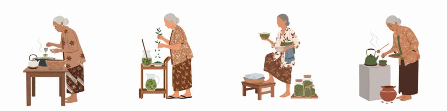 Set of illustrations showing an Indonesian grandmother making traditional herbal drinks known as Jamu, featuring herbs, pots, and kettles.