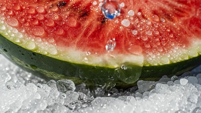 Refreshing slice of watermelon on ice cubes with water droplets on surface