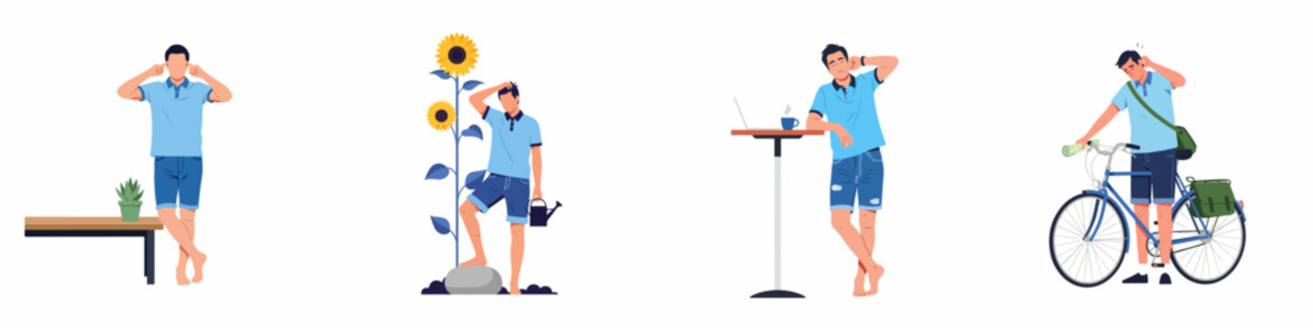 Set of flat vector illustrations depicting a man experiencing various daily life frustrations, including noise, gardening issues, fatigue, and getting lost.