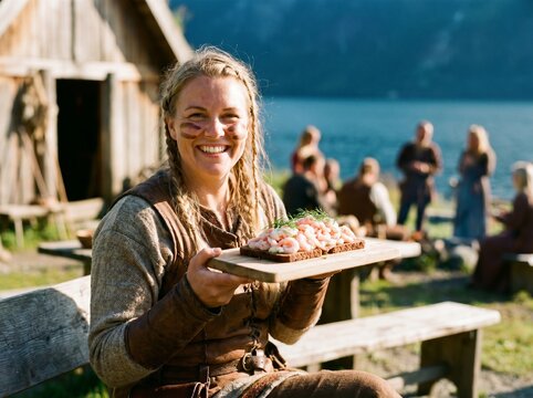 Smiling Viking shieldmaiden holding traditional norwegian shrimp sandwich by the fjord