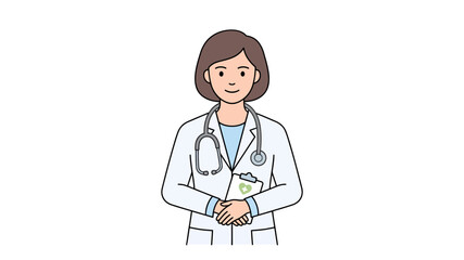 Fototapeta premium Friendly Female Doctor Holding Medical Chart with Stethoscope in a Professional White Lab Coat
