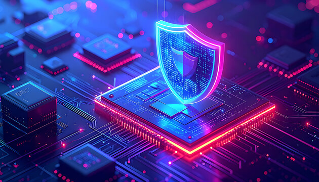 Digital shield symbol protecting circuit board and microchips, cyber security and data protection concept, glowing neon blue and pink.