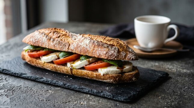 Commercial high-angle food photography of a gourmet Caprese baguette sandwich next to a cup of black coffee &ndash; premium bistro breakfast menu advertising, artisan cafe culinary branding, and elegant bre