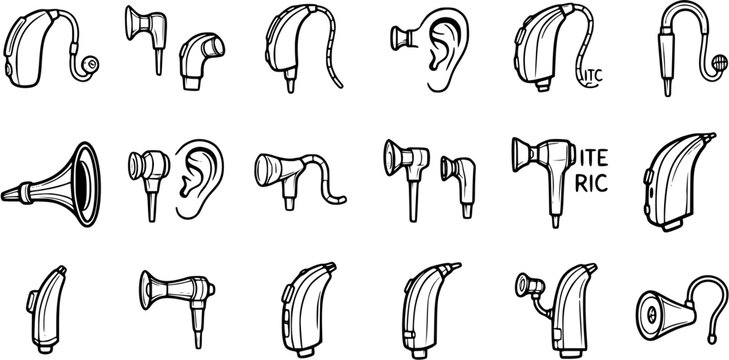 Black  White Line Art Icons of Various Hearing Aids and Audiology Devices. Medical Healthcare Collection Including BTE, ITE, ITC, RIC Styles.