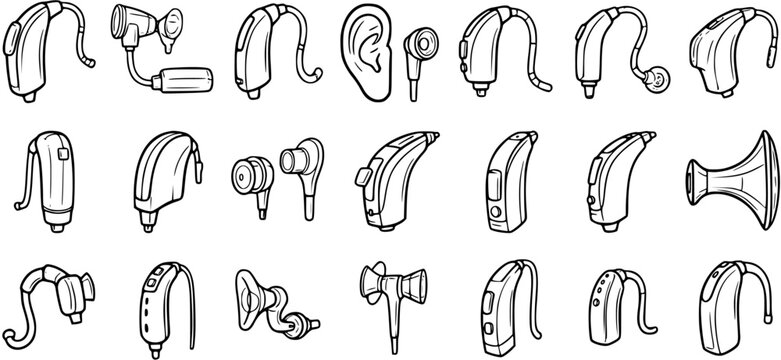 Medical Audiology Hearing Aids Icons Set - Black  White Line Art Collection of Ear-Worn Devices for Hearing Health and Impairment, Vector Outline