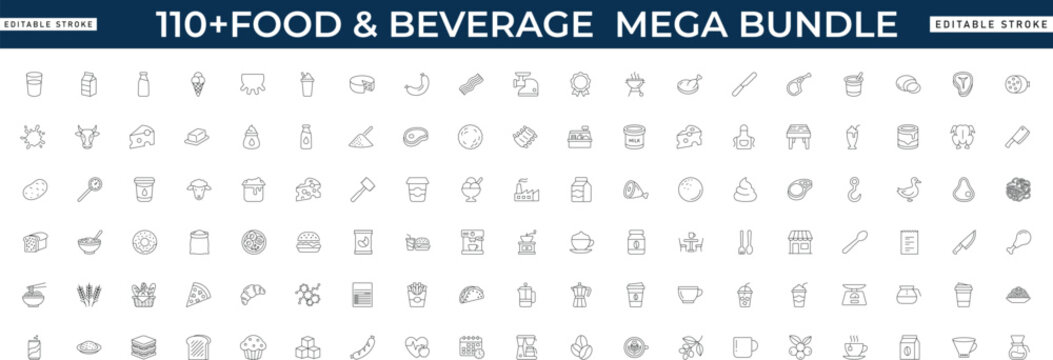 Food and beverage line icon mega bundle featuring restaurant, menu, grocery, caf&eacute; , cuisine, cooking, and kitchen. Professional editable vector illustration for food app and UI UX design.