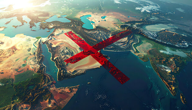 Digital globe with a large red cross marking over the Middle East region, symbolizing restriction or cancellation, digital transformation concept