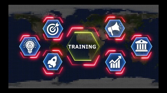 Hexagonal frames with business icons appear on world map background during animation.