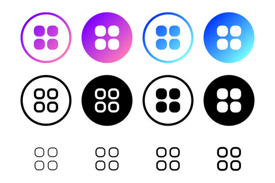 Grid Menu Dashboard Icon collection : Set of grid menu icons in outline, solid, gradient, and circle button styles. Ideal for app navigation, dashboard, categories, launcher, and interface design.