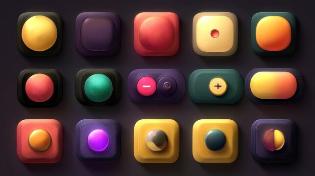 Flat design buttons in various shapes and colors.  Rounded and square forms with subtle shading.  Dark background