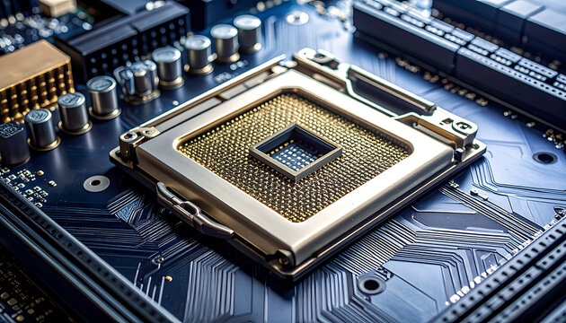 Close-up of a computer motherboard socket with intricate gold pins, blue circuit board lines, technology, innovation, digital hardware concept
