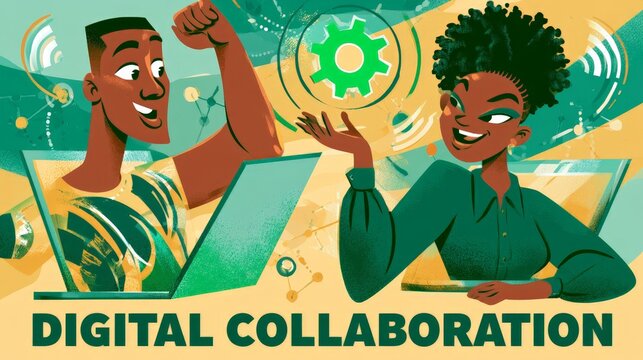 Illustration of two diverse professionals engaged in digital collaboration, exchanging ideas and using technology tools. Ideal for remote work, online business, and digital marketing applications.