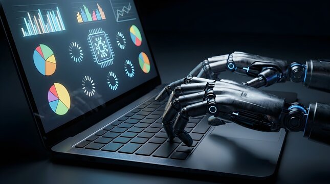 Futuristic cyborg mechanical hands operating notebook keyboard processing colorful data charts representing advanced automated business intelligence