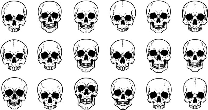 Black and White Line Art Skulls Collection, Halloween and Horror Vector Icons