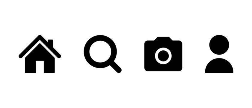 Popular App Navigation Icons collection : Set of solid black app navigation icon featuring home, search, camera, and user profile symbols. for mobile apps, websites, social media, toolbar icons