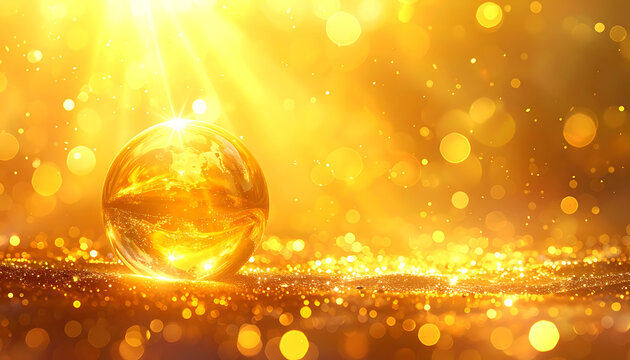 Glowing golden orb radiating light and energy amidst sparkling bokeh and sunbeams, representing magic and luxury