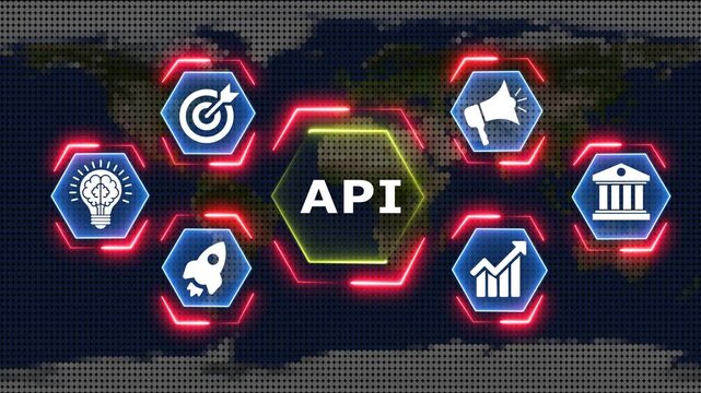 Digital API concept with icons and world map data visualization motion.