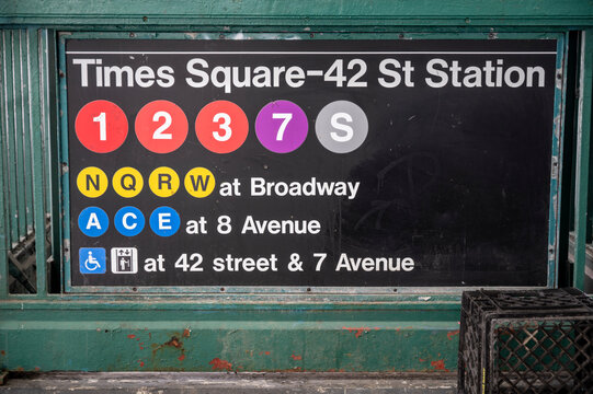 New York, New York USA - June 6, 2026: Sign at Times Square-42nd Street Station subway entrance.