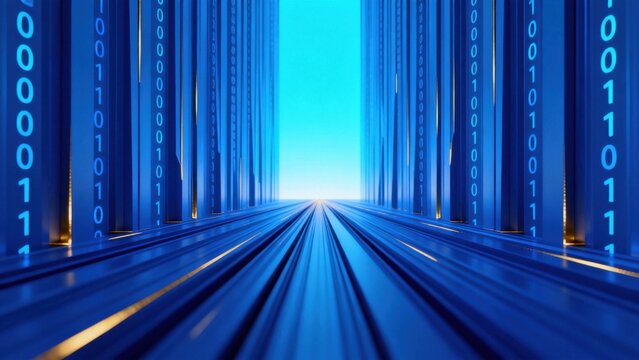 Blue server room with binary code