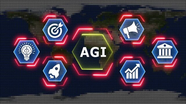 Global network hexagons with AGI text and business icons motion graphics.