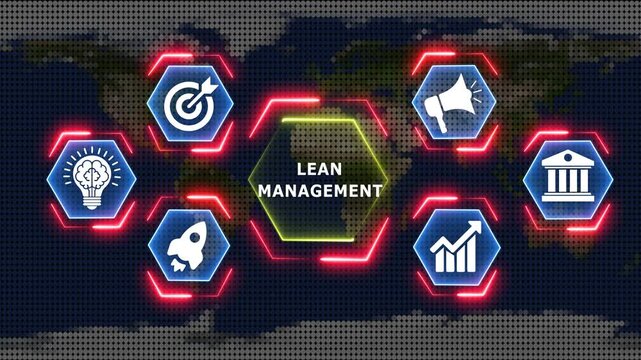 Business strategy icons connecting around global map with lean management text.