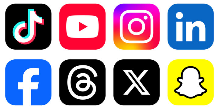 Social Network App Logo Icons Collection : Set of popular social media icons network logos, square button with linkedin, threads, x, youtube, facebook, instagram, tiktok, snapchat, icon, logo, buttons