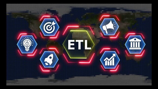 Etl data processing concept displayed on abstract digital world map background.