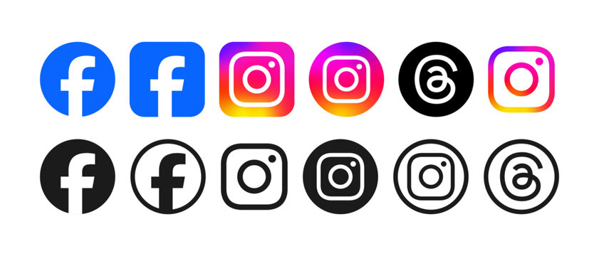 Facebook Instagram Threads Icon collection : Set of Facebook, Instagram, and Threads logo icon. social media icons with outline buttons. for social network, networking, communication