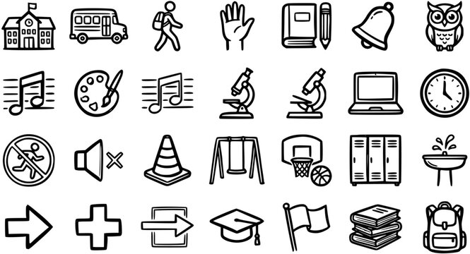 Education and School Hand-Drawn Black and White Line Art Icons Set with Student, Bus, Books, and Classroom Objects