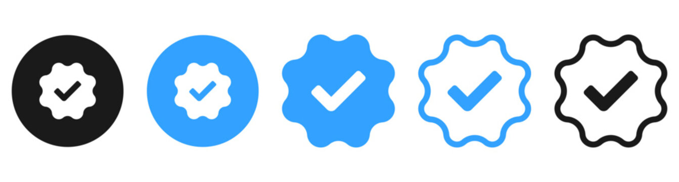 Verified Badge Checkmark Icons collection : Set of verified badge and checkmark icon in solid, outline, blue, and black styles. for account verification, approval, trust, quality, and security concept