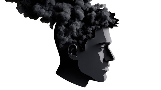 Mental Fog and Smoke: A profile of a man's head with dark smoke billowing out of his hair, symbolizing confusion, stress, or a creative block.