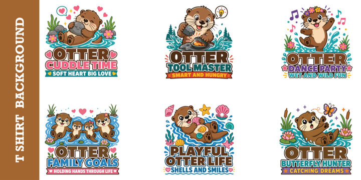 Set of adorable otter character sticker designs for kids t shirt print apparel graphic set.