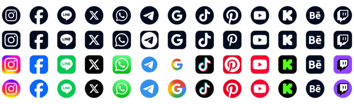 Social Networking App Logo Icons : Set of social media icons logos ; tiktok, kick, twitch, sbapchat, youtube, facebook, instagram, google, logo, icon. for messaging, video, chat, community, mobile app
