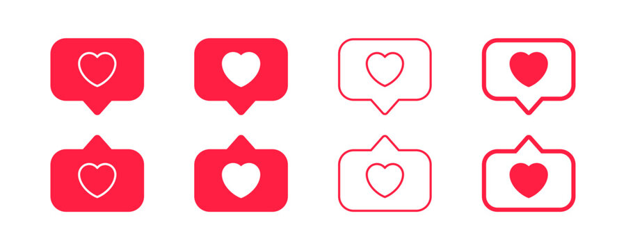 Heart Like Speech Bubble Icons : Set of eight heart like notification icons in chat bubble frames. for social media, comments, reactions, favorites, messages, and engagement design.