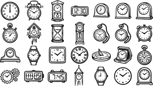 Timekeeping Devices Black and White Line Art Set. Hand Drawn Clocks, Watches, Hourglasses, Sundials, and Digital Timers for Measurement  Concepts.