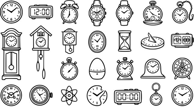 Timekeeping Devices Collection: Black and White Outline Art of Various Clocks, Watches, and Timers for Measurement and Concept Illustrations